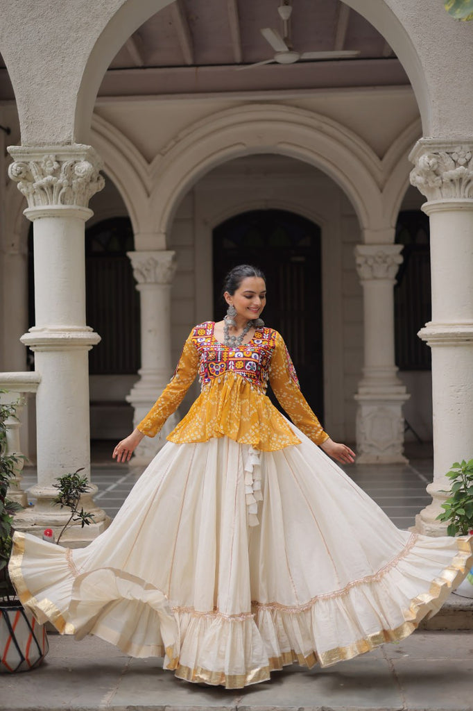 Off White Kora Cotton Gota-Patti Lehenga with Yellow Bandhani Kutchi Patchwork Top ClothsVilla