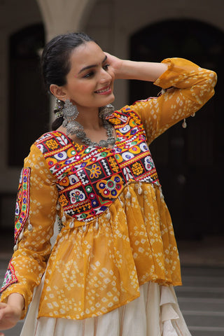 Off White Kora Cotton Gota-Patti Lehenga with Yellow Bandhani Kutchi Patchwork Top ClothsVilla