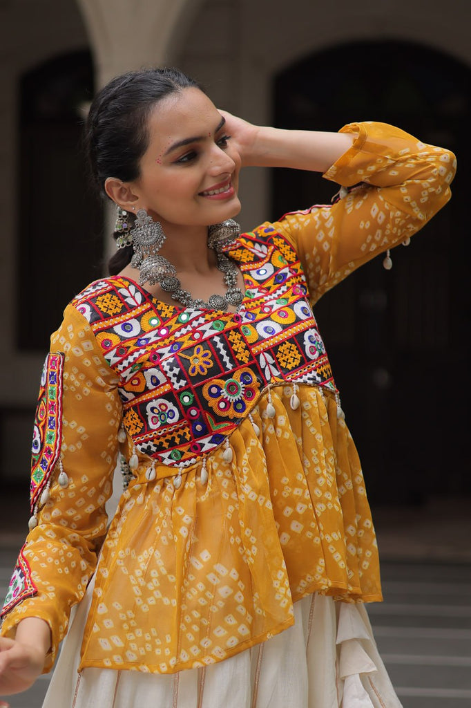 Off White Kora Cotton Gota-Patti Lehenga with Yellow Bandhani Kutchi Patchwork Top ClothsVilla