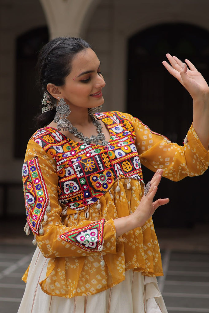 Off White Kora Cotton Gota-Patti Lehenga with Yellow Bandhani Kutchi Patchwork Top ClothsVilla