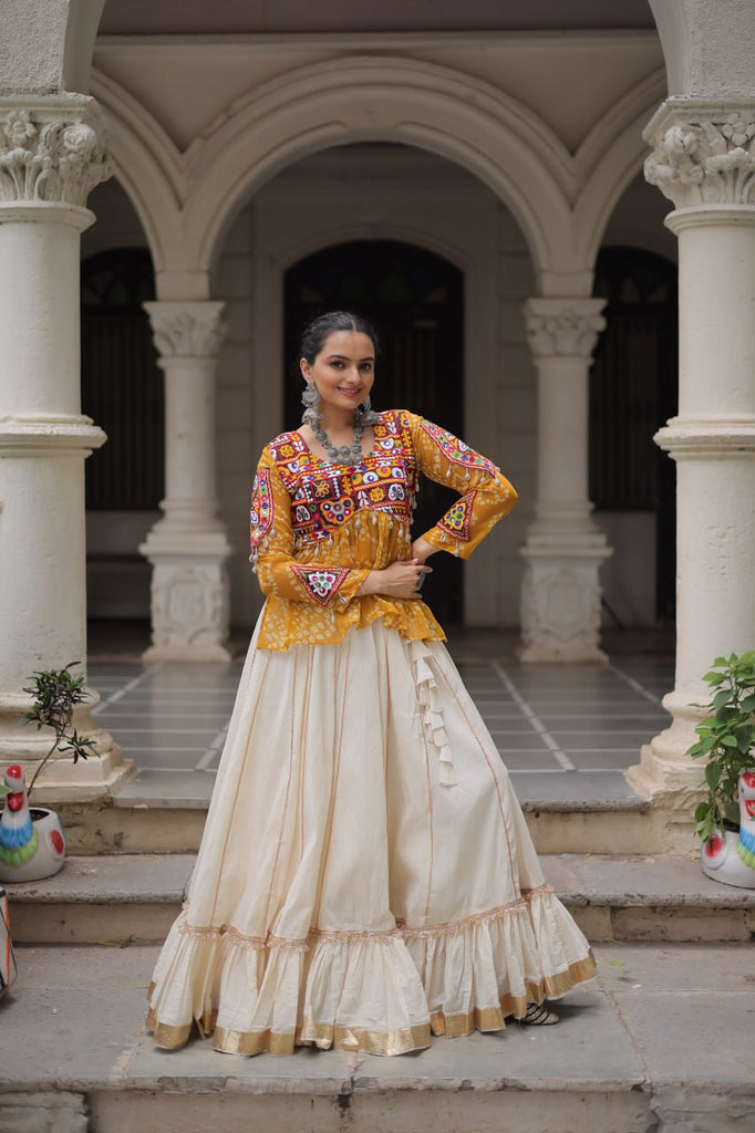 Off White Kora Cotton Gota-Patti Lehenga with Yellow Bandhani Kutchi Patchwork Top ClothsVilla