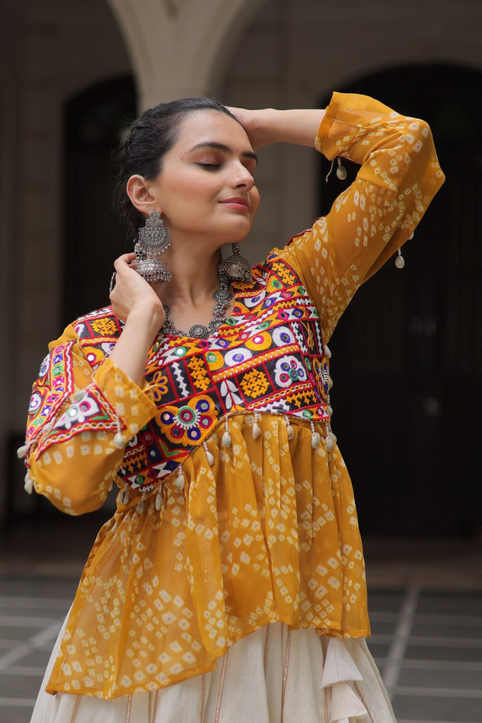 Off White Kora Cotton Gota-Patti Lehenga with Yellow Bandhani Kutchi Patchwork Top ClothsVilla