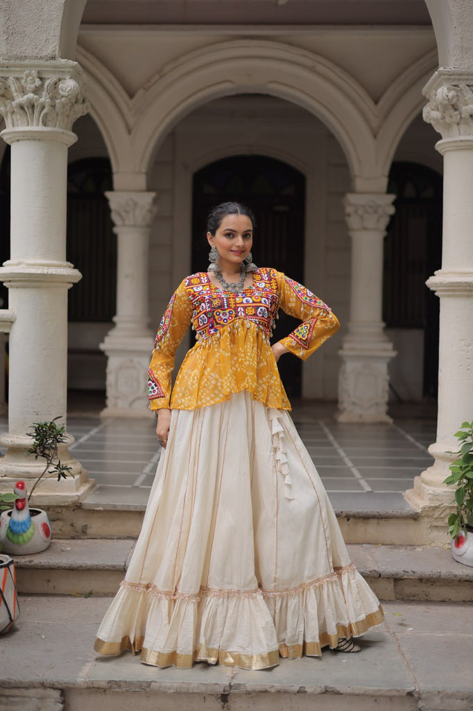 Off White Kora Cotton Gota-Patti Lehenga with Yellow Bandhani Kutchi Patchwork Top ClothsVilla
