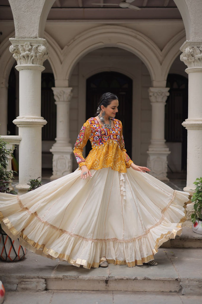 Off White Kora Cotton Gota-Patti Lehenga with Yellow Bandhani Kutchi Patchwork Top ClothsVilla