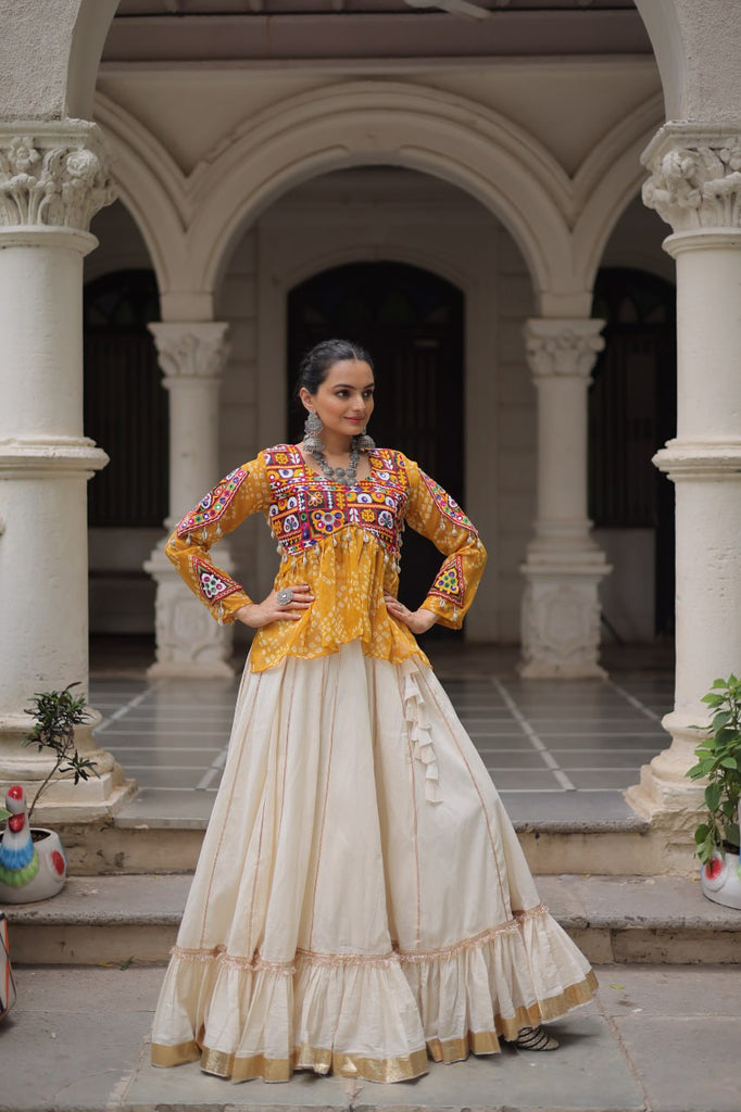 Off White Kora Cotton Gota-Patti Lehenga with Yellow Bandhani Kutchi Patchwork Top ClothsVilla