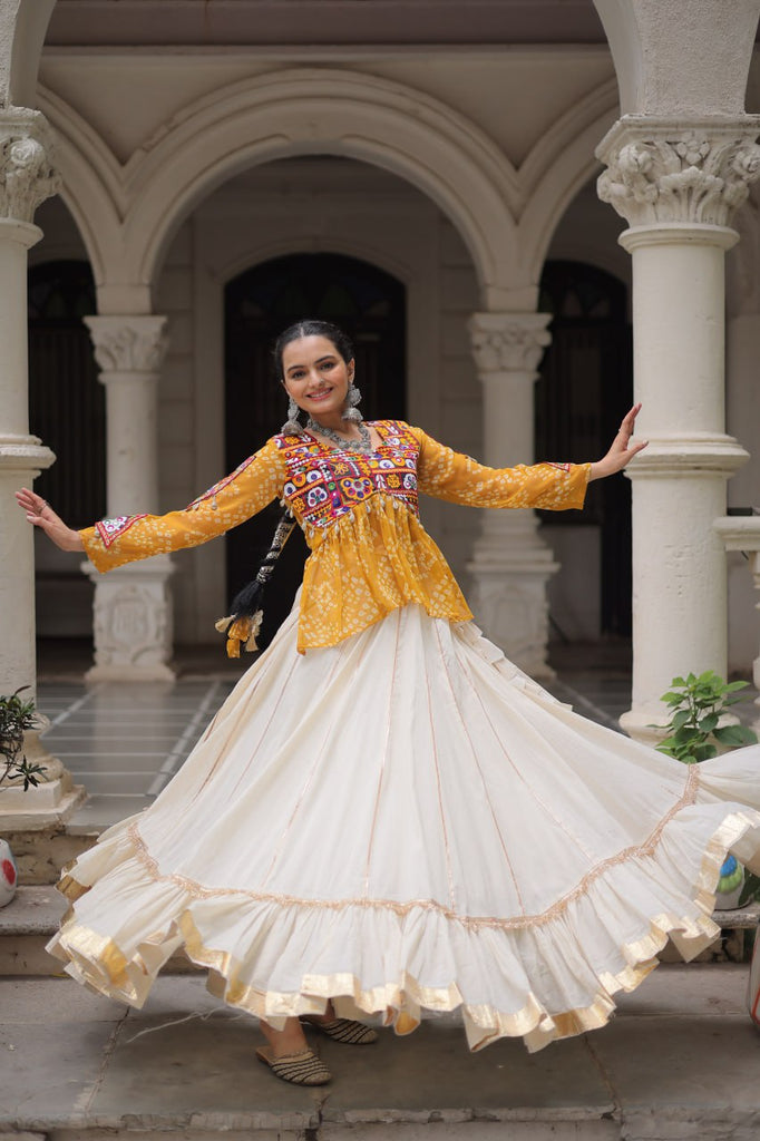 Off White Kora Cotton Gota-Patti Lehenga with Yellow Bandhani Kutchi Patchwork Top ClothsVilla