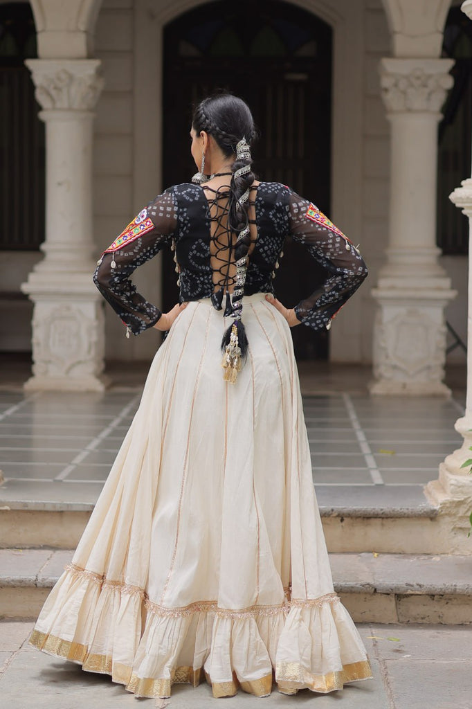 Off White Kora Cotton Gota-Patti Lehenga with Black Bandhani Kutchi Patchwork Top ClothsVilla