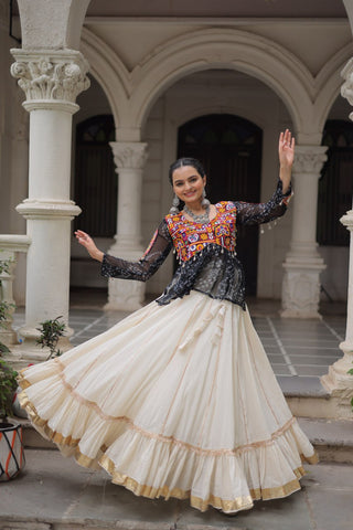 Off White Kora Cotton Gota-Patti Lehenga with Black Bandhani Kutchi Patchwork Top ClothsVilla