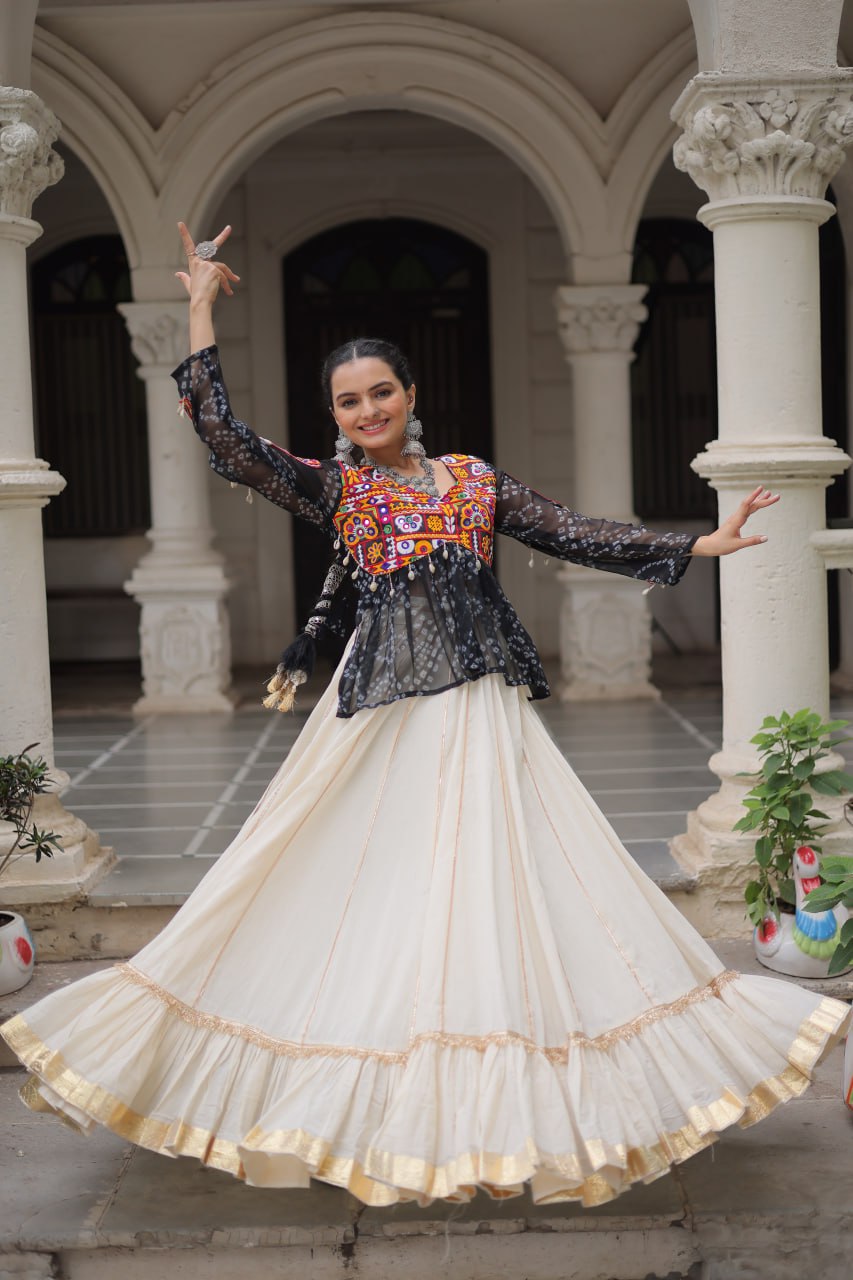 Off White Kora Cotton Gota-Patti Lehenga with Black Bandhani Kutchi Patchwork Top ClothsVilla
