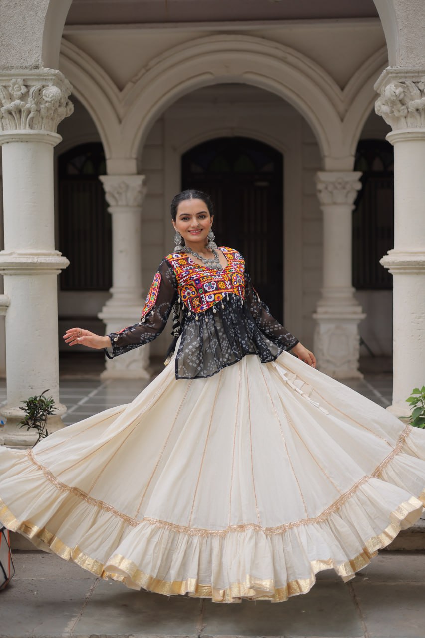 Off White Kora Cotton Gota-Patti Lehenga with Black Bandhani Kutchi Patchwork Top ClothsVilla