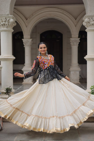Off White Kora Cotton Gota-Patti Lehenga with Black Bandhani Kutchi Patchwork Top ClothsVilla
