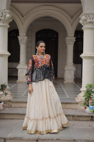 Off White Kora Cotton Gota-Patti Lehenga with Black Bandhani Kutchi Patchwork Top ClothsVilla