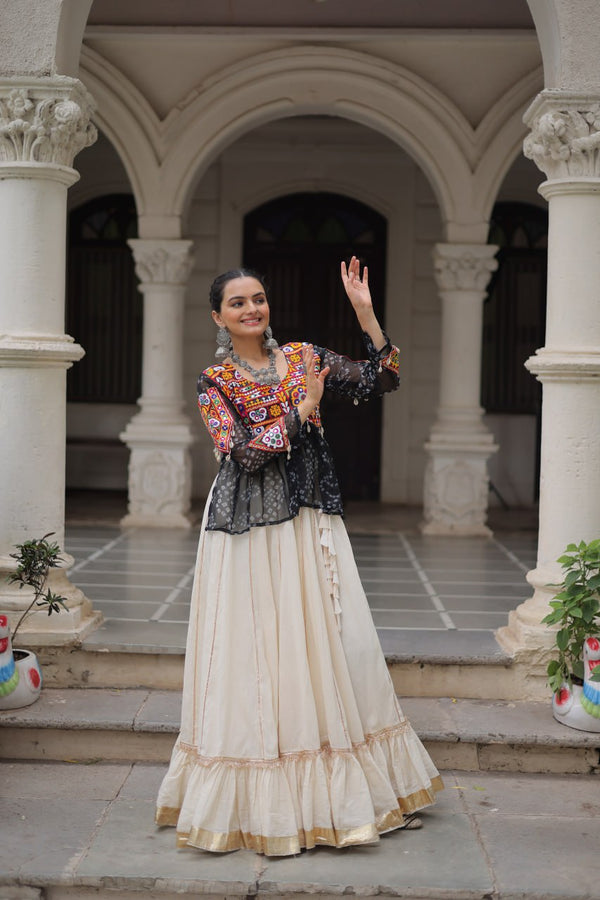 Off White Kora Cotton Gota-Patti Lehenga with Black Bandhani Kutchi Patchwork Top ClothsVilla