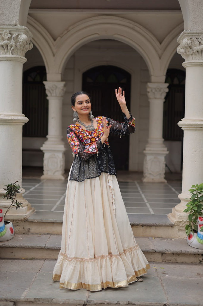 Off White Kora Cotton Gota-Patti Lehenga with Black Bandhani Kutchi Patchwork Top ClothsVilla