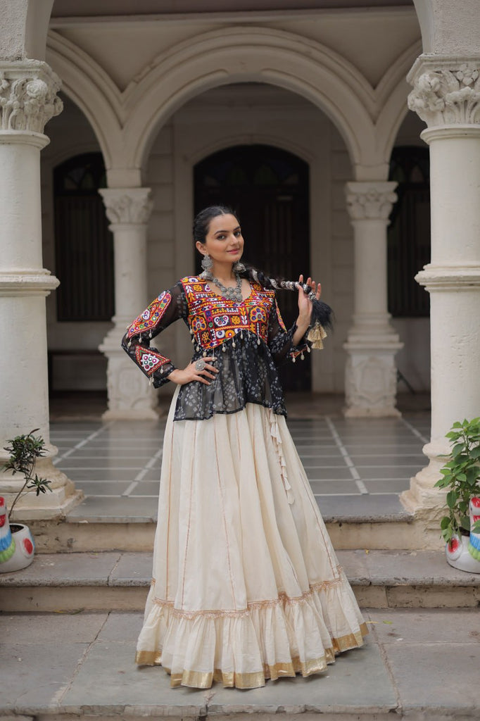 Off White Kora Cotton Gota-Patti Lehenga with Black Bandhani Kutchi Patchwork Top ClothsVilla