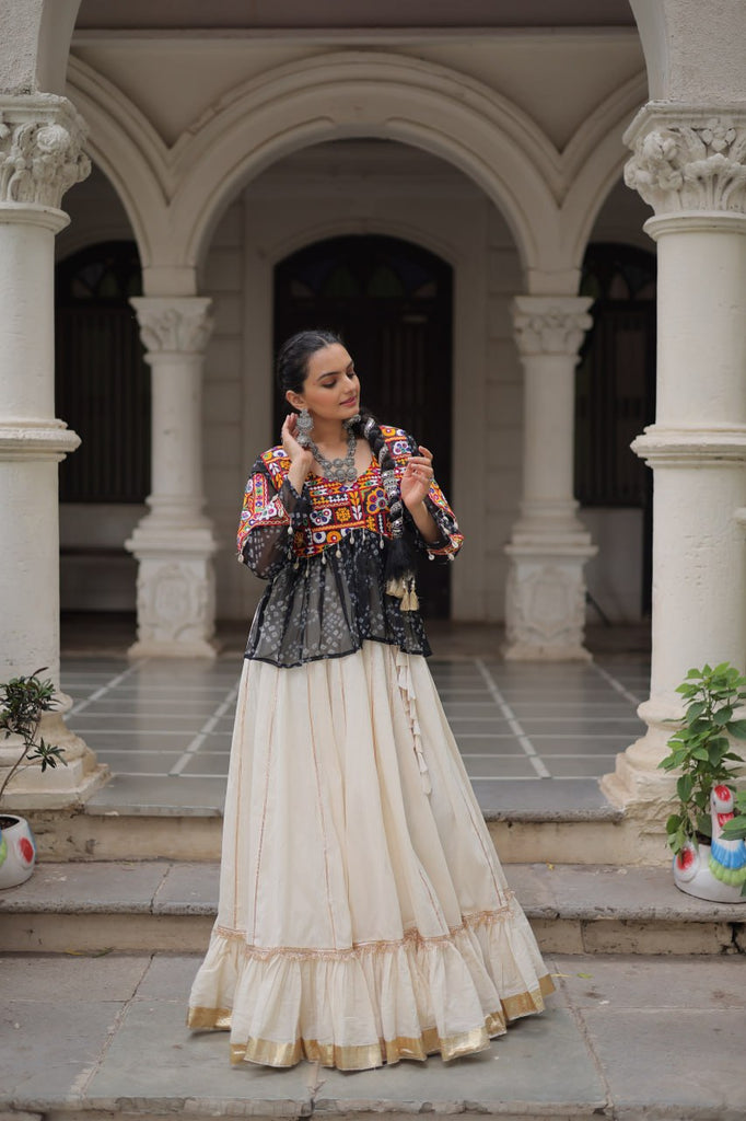 Off White Kora Cotton Gota-Patti Lehenga with Black Bandhani Kutchi Patchwork Top ClothsVilla