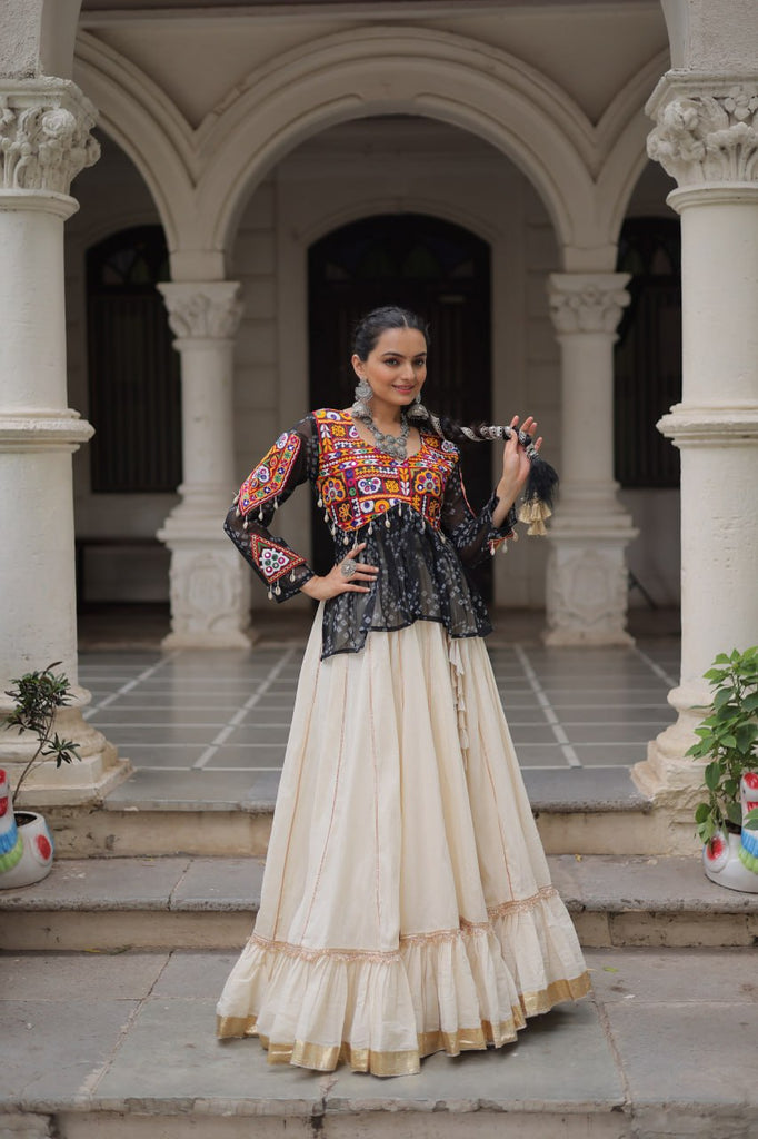 Off White Kora Cotton Gota-Patti Lehenga with Black Bandhani Kutchi Patchwork Top ClothsVilla
