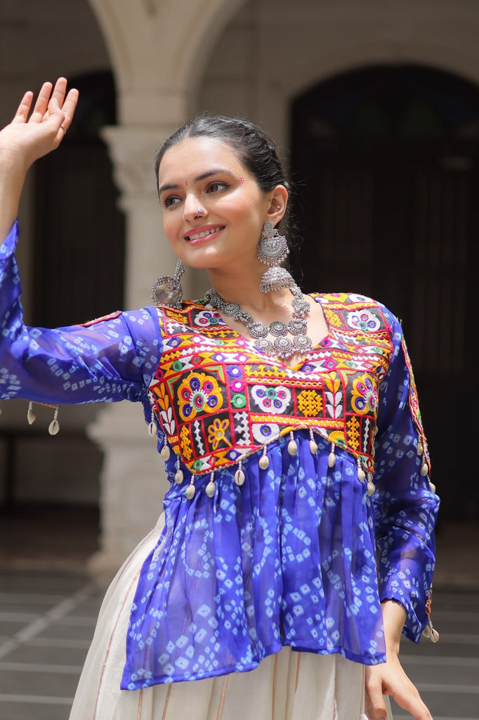 Off White Kora Cotton Gota-Patti Lehenga with Blue Bandhani Kutchi Patchwork Top ClothsVilla