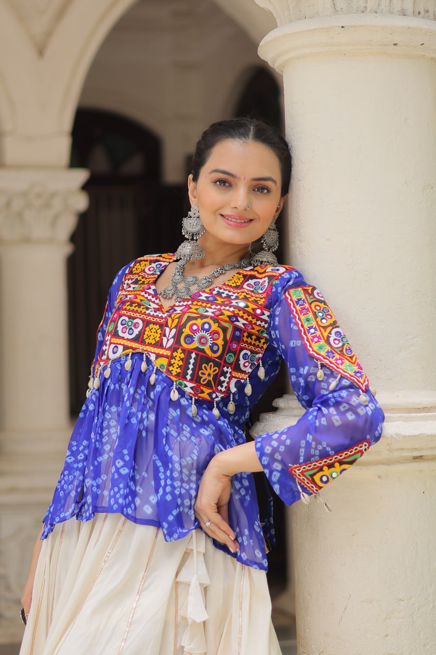 Off White Kora Cotton Gota-Patti Lehenga with Blue Bandhani Kutchi Patchwork Top ClothsVilla