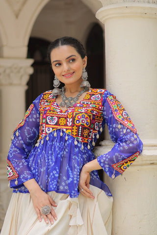 Off White Kora Cotton Gota-Patti Lehenga with Blue Bandhani Kutchi Patchwork Top ClothsVilla