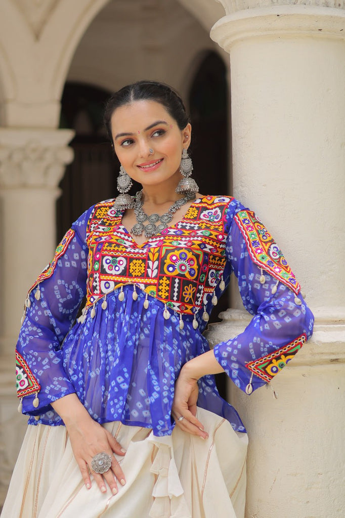 Off White Kora Cotton Gota-Patti Lehenga with Blue Bandhani Kutchi Patchwork Top ClothsVilla