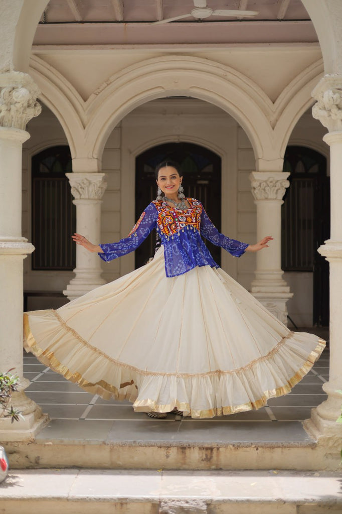 Off White Kora Cotton Gota-Patti Lehenga with Blue Bandhani Kutchi Patchwork Top ClothsVilla