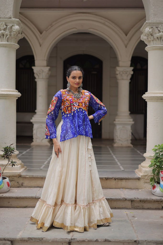 Off White Kora Cotton Gota-Patti Lehenga with Blue Bandhani Kutchi Patchwork Top ClothsVilla