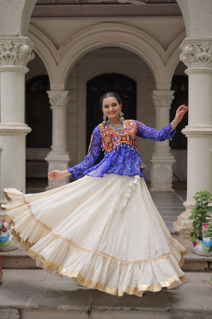 Off White Kora Cotton Gota-Patti Lehenga with Blue Bandhani Kutchi Patchwork Top ClothsVilla