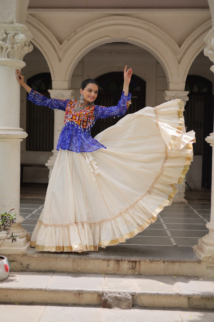 Off White Kora Cotton Gota-Patti Lehenga with Blue Bandhani Kutchi Patchwork Top ClothsVilla