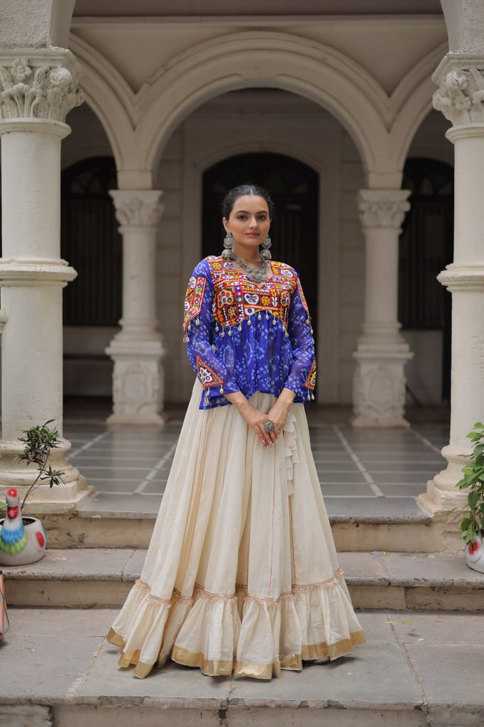 Off White Kora Cotton Gota-Patti Lehenga with Blue Bandhani Kutchi Patchwork Top ClothsVilla