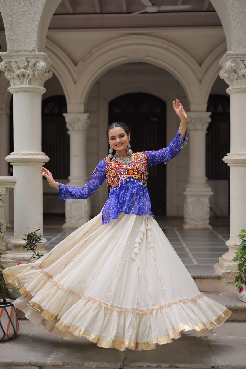 Off White Kora Cotton Gota-Patti Lehenga with Blue Bandhani Kutchi Patchwork Top ClothsVilla