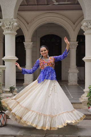 Off White Kora Cotton Gota-Patti Lehenga with Blue Bandhani Kutchi Patchwork Top ClothsVilla