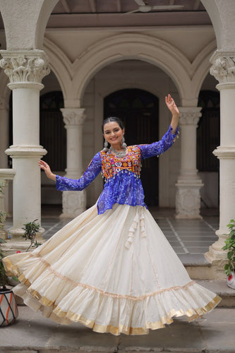 Off White Kora Cotton Gota-Patti Lehenga with Blue Bandhani Kutchi Patchwork Top ClothsVilla