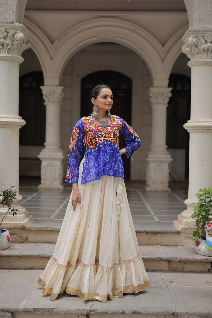 Off White Kora Cotton Gota-Patti Lehenga with Blue Bandhani Kutchi Patchwork Top ClothsVilla