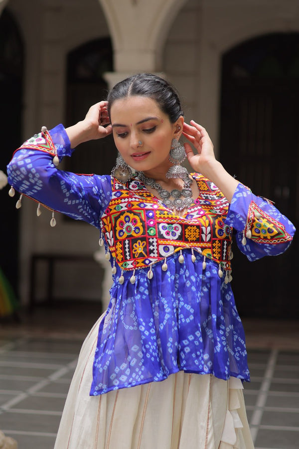 Off White Kora Cotton Gota-Patti Lehenga with Blue Bandhani Kutchi Patchwork Top ClothsVilla