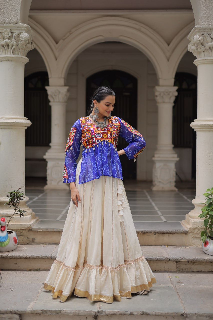 Off White Kora Cotton Gota-Patti Lehenga with Blue Bandhani Kutchi Patchwork Top ClothsVilla