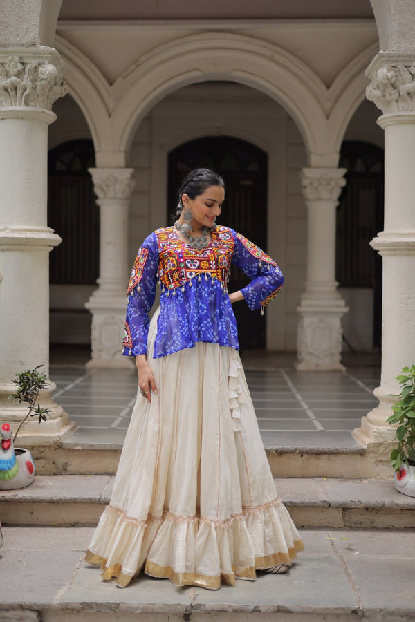 Off White Kora Cotton Gota-Patti Lehenga with Blue Bandhani Kutchi Patchwork Top ClothsVilla