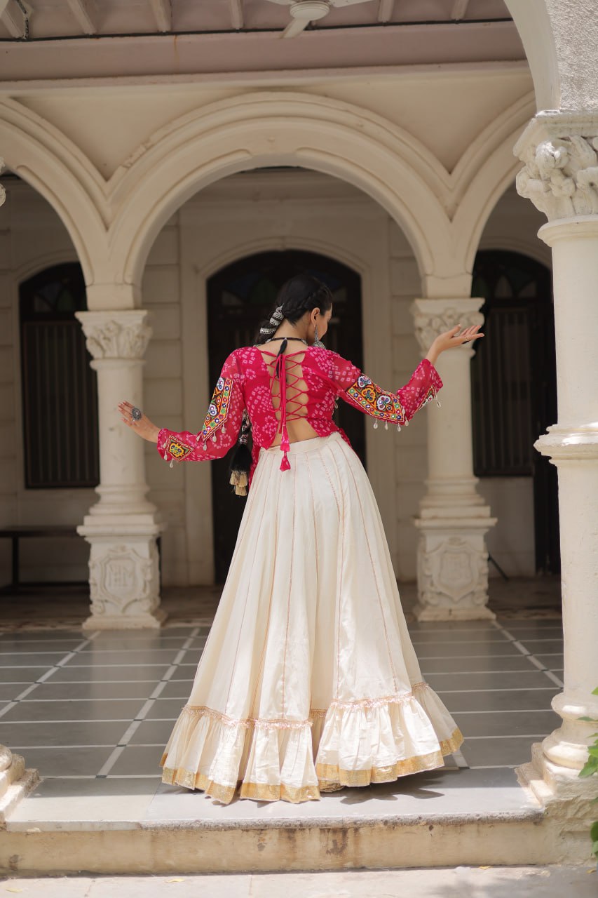Off White Kora Cotton Gota-Patti Lehenga with Pink Bandhani Kutchi Patchwork Top ClothsVilla