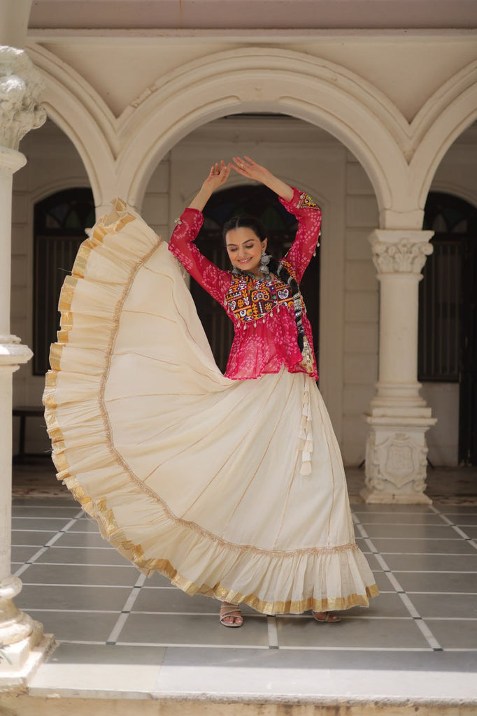 Off White Kora Cotton Gota-Patti Lehenga with Pink Bandhani Kutchi Patchwork Top ClothsVilla