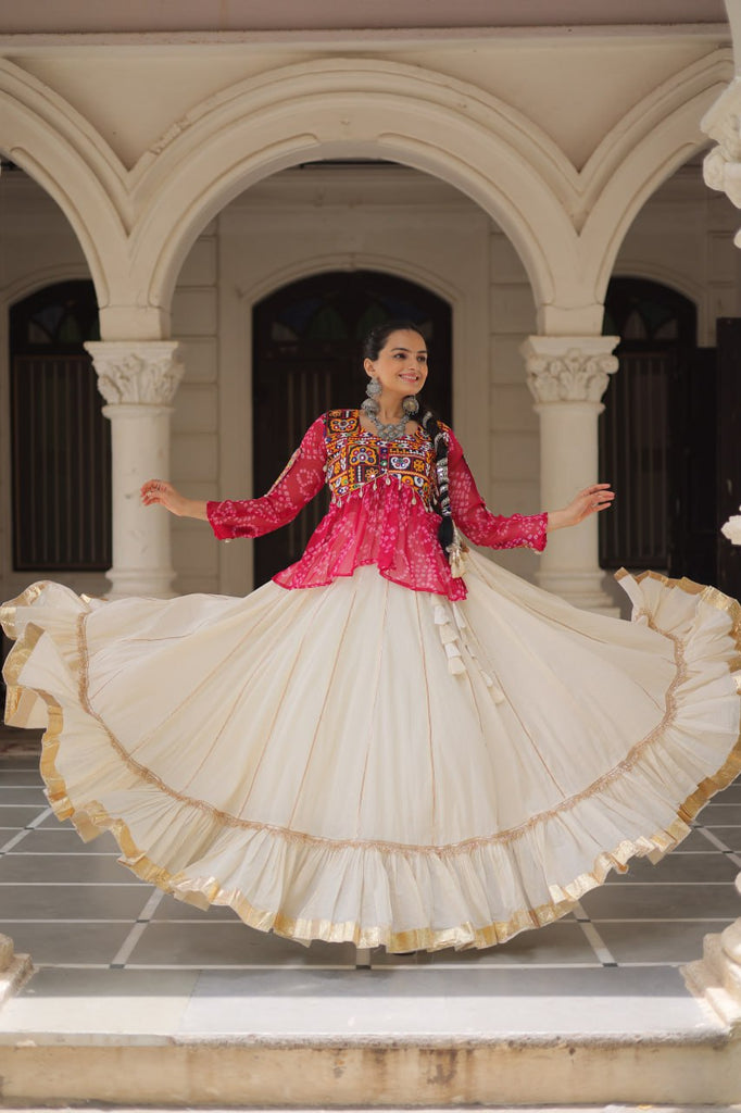 Off White Kora Cotton Gota-Patti Lehenga with Pink Bandhani Kutchi Patchwork Top ClothsVilla