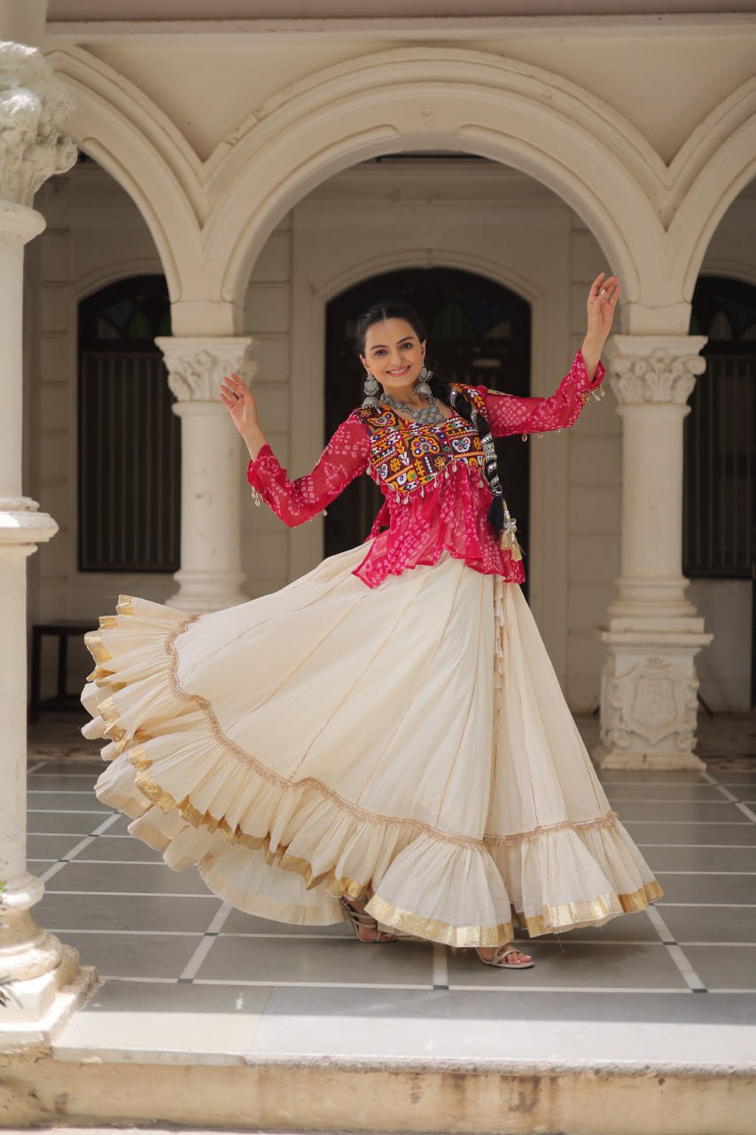 Off White Kora Cotton Gota-Patti Lehenga with Pink Bandhani Kutchi Patchwork Top ClothsVilla