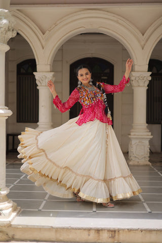 Off White Kora Cotton Gota-Patti Lehenga with Pink Bandhani Kutchi Patchwork Top ClothsVilla