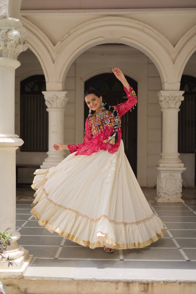 Off White Kora Cotton Gota-Patti Lehenga with Pink Bandhani Kutchi Patchwork Top ClothsVilla