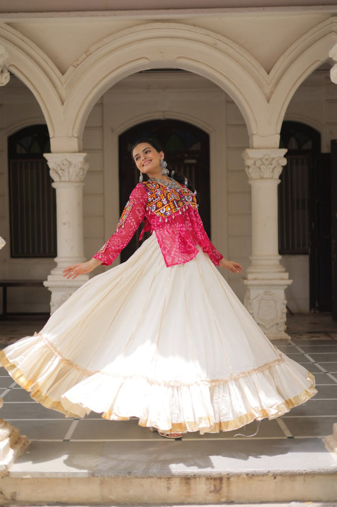 Off White Kora Cotton Gota-Patti Lehenga with Pink Bandhani Kutchi Patchwork Top ClothsVilla