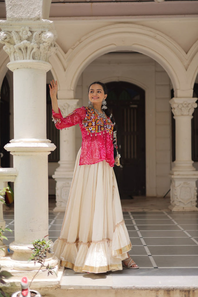 Off White Kora Cotton Gota-Patti Lehenga with Pink Bandhani Kutchi Patchwork Top ClothsVilla