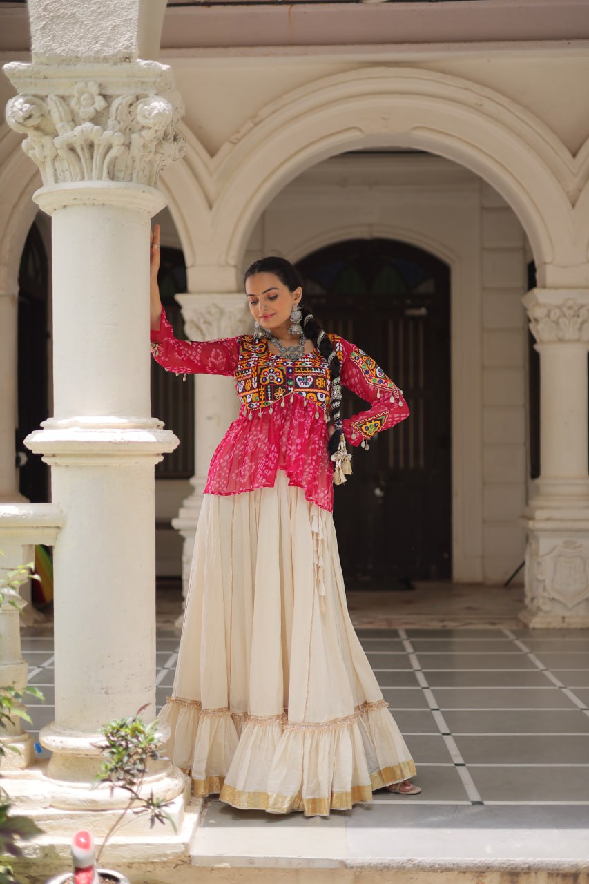 Off White Kora Cotton Gota-Patti Lehenga with Pink Bandhani Kutchi Patchwork Top ClothsVilla