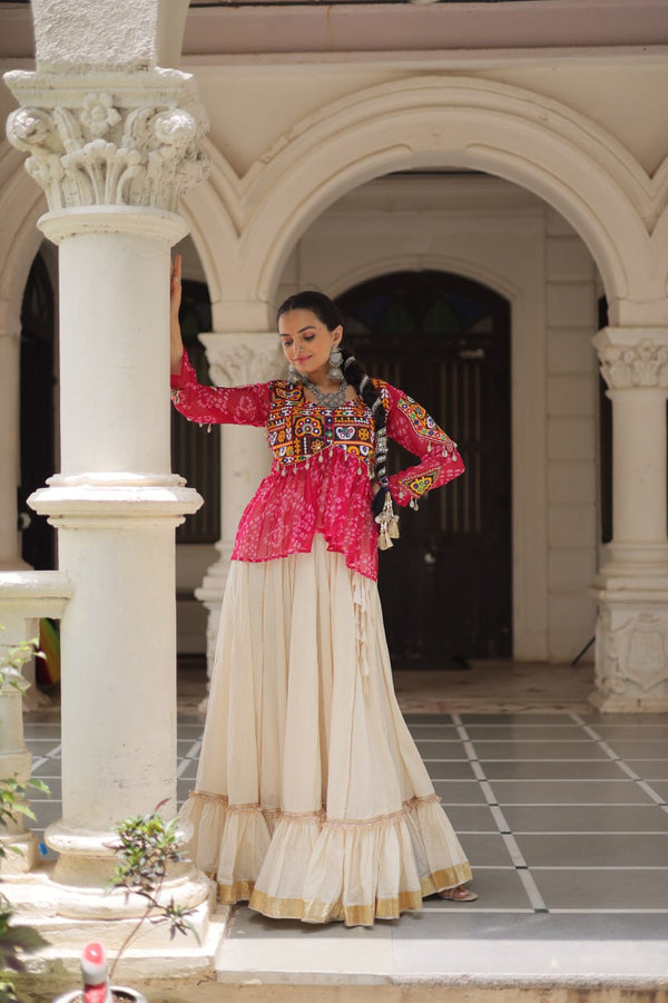Off White Kora Cotton Gota-Patti Lehenga with Pink Bandhani Kutchi Patchwork Top ClothsVilla