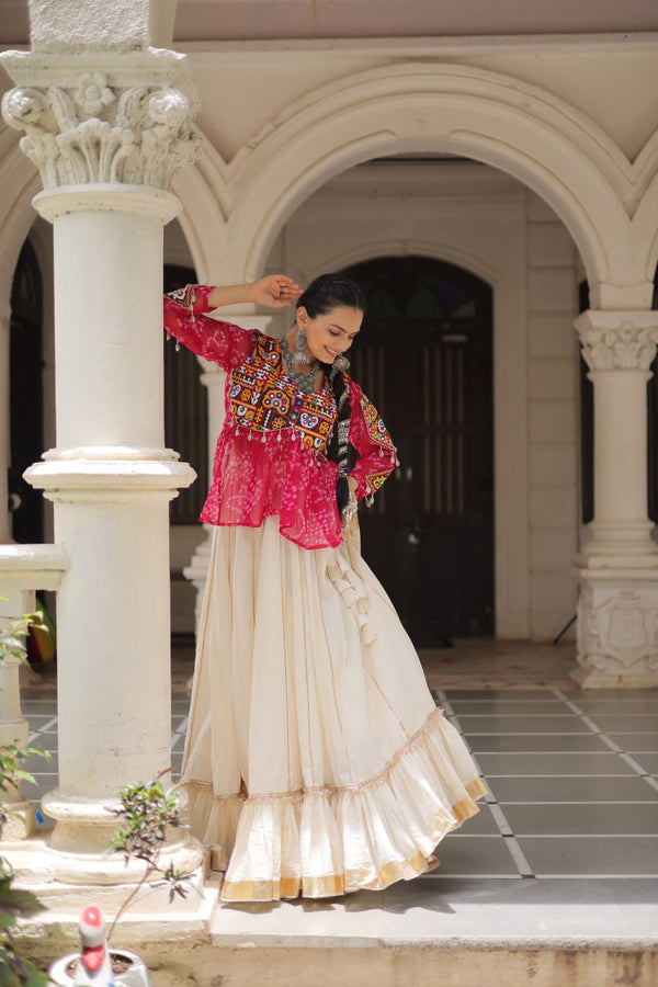 Off White Kora Cotton Gota-Patti Lehenga with Pink Bandhani Kutchi Patchwork Top ClothsVilla