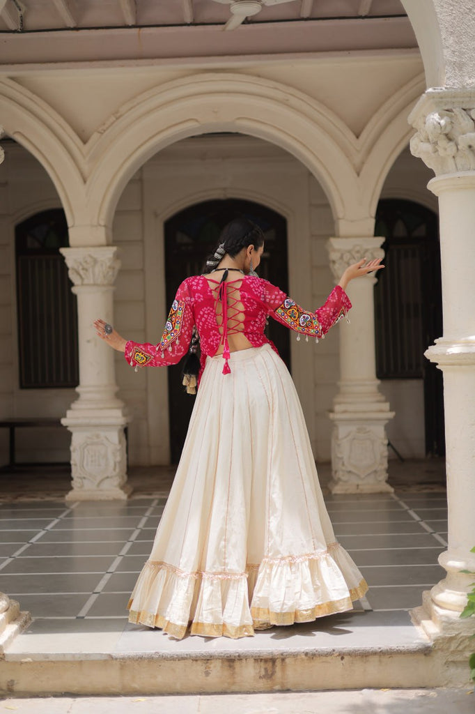 Off White Kora Cotton Gota-Patti Lehenga with Pink Bandhani Kutchi Patchwork Top ClothsVilla