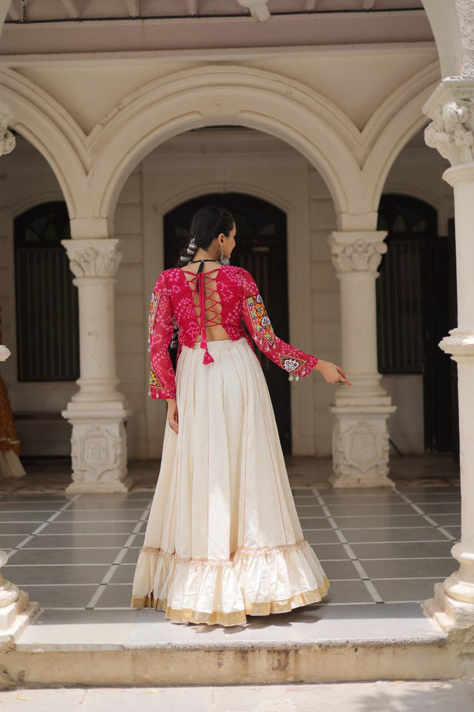 Off White Kora Cotton Gota-Patti Lehenga with Pink Bandhani Kutchi Patchwork Top ClothsVilla